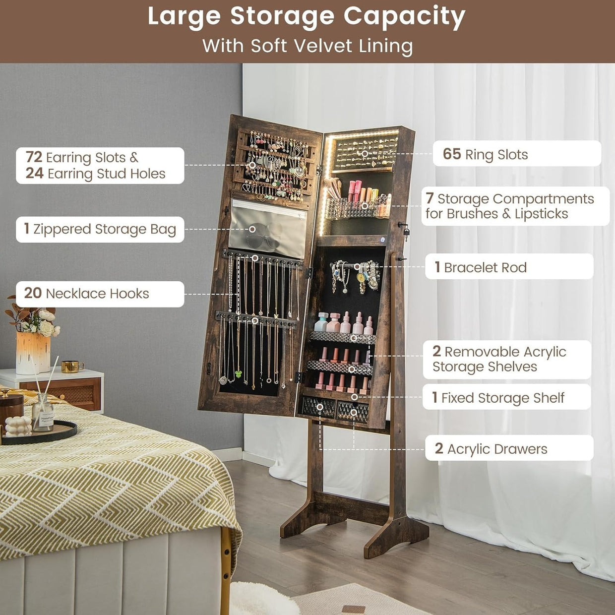 Walnut LED Jewellery Cabinet Full Length Mirror Adjustable Lockable Storage - Kwikley