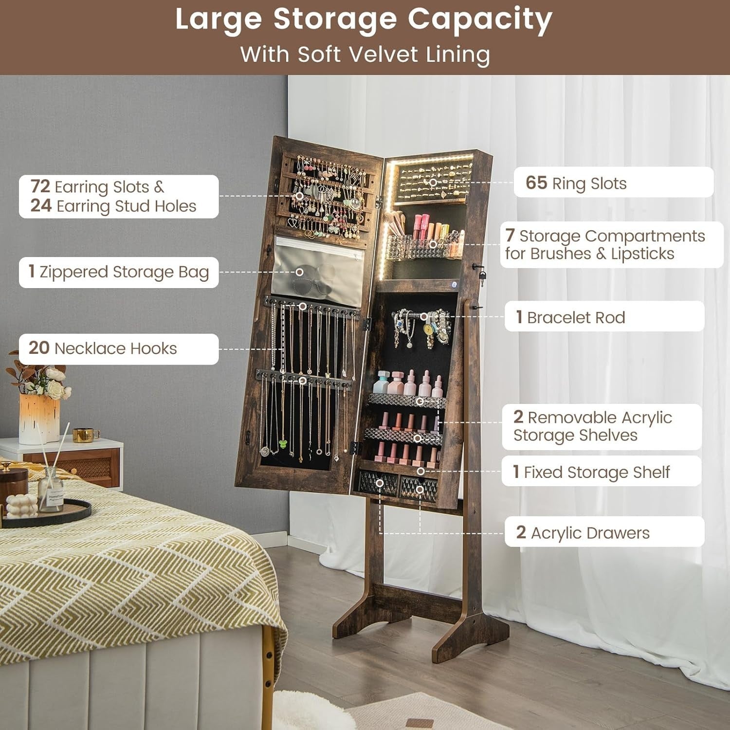 Walnut LED Jewellery Cabinet Full Length Mirror Adjustable Lockable Storage - Kwikley