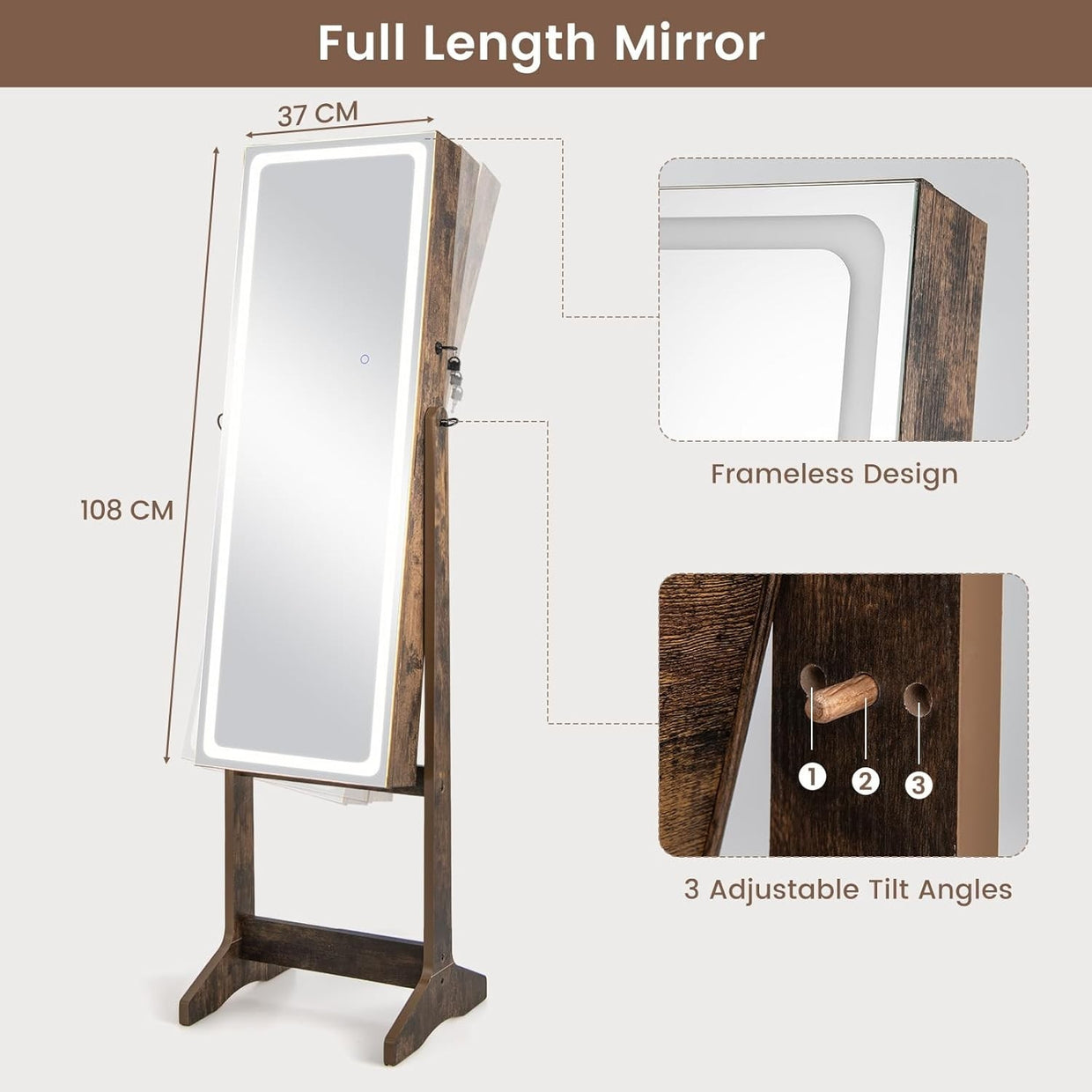 Walnut LED Jewellery Cabinet Full Length Mirror Adjustable Lockable Storage - Kwikley