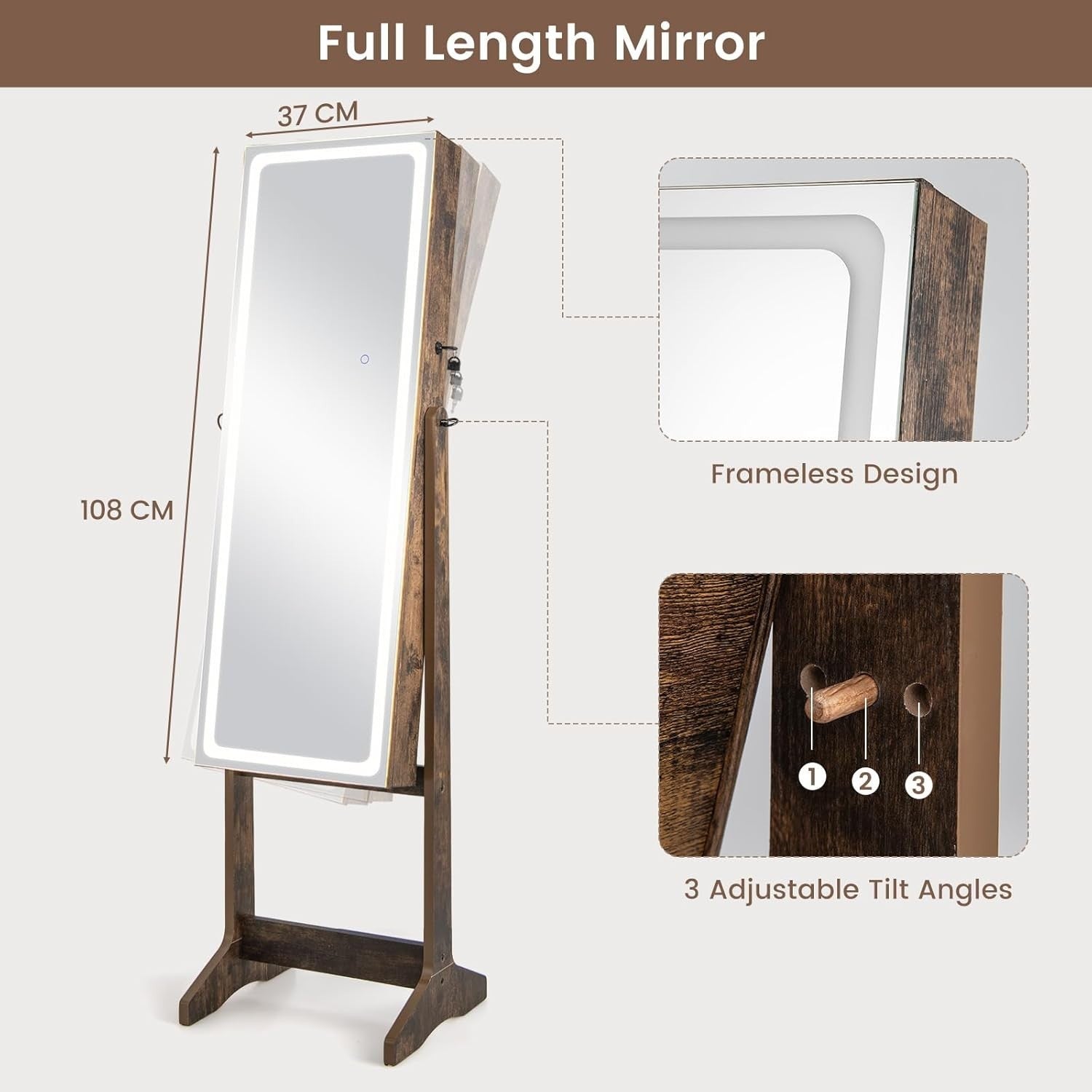 Walnut LED Jewellery Cabinet Full Length Mirror Adjustable Lockable Storage - Kwikley