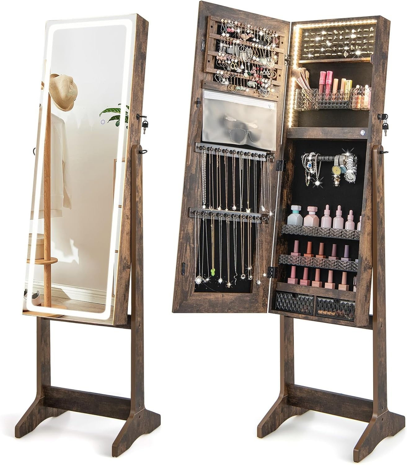 Walnut LED Jewellery Cabinet Full Length Mirror Adjustable Lockable Storage - Kwikley