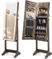 Walnut LED Jewellery Cabinet Full Length Mirror Adjustable Lockable Storage - Kwikley