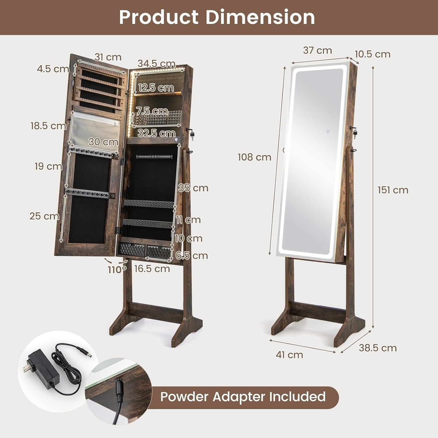 Walnut LED Jewellery Cabinet Full Length Mirror Adjustable Lockable Storage - Kwikley
