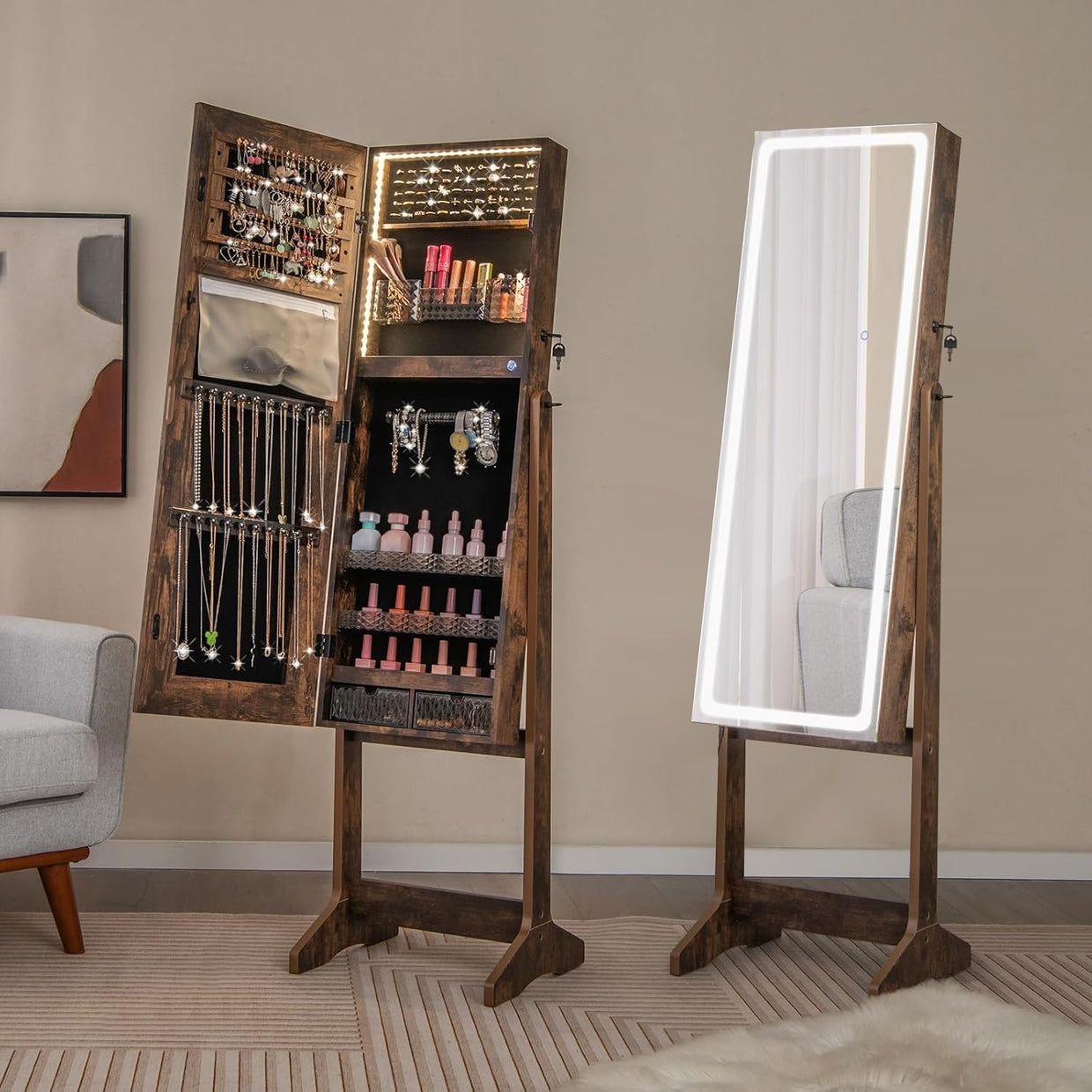 Walnut LED Jewellery Cabinet Full Length Mirror Adjustable Lockable Storage - Kwikley