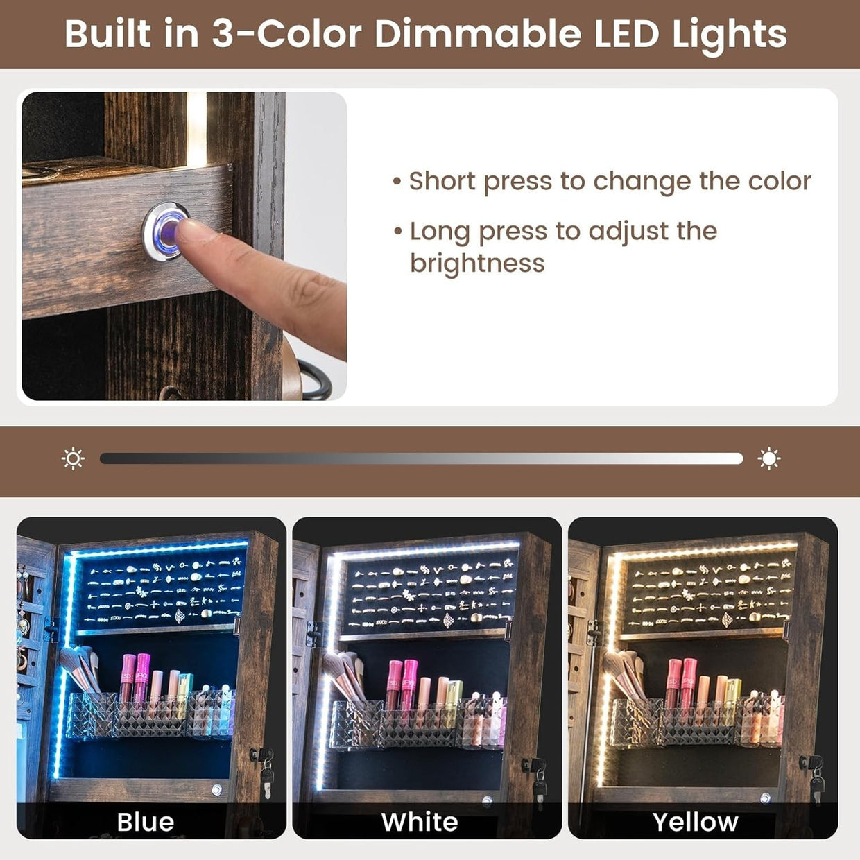 Walnut LED Jewellery Cabinet Full Length Mirror Adjustable Lockable Storage - Kwikley