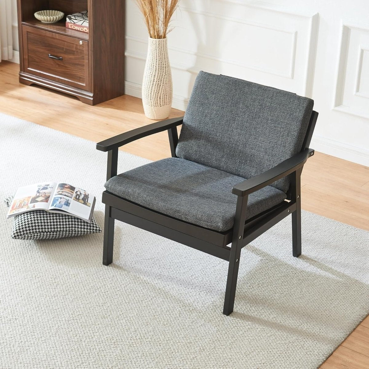 Walnut Rattan Accent Armchair Wood Frame Padded Seat Grey - Kwikley