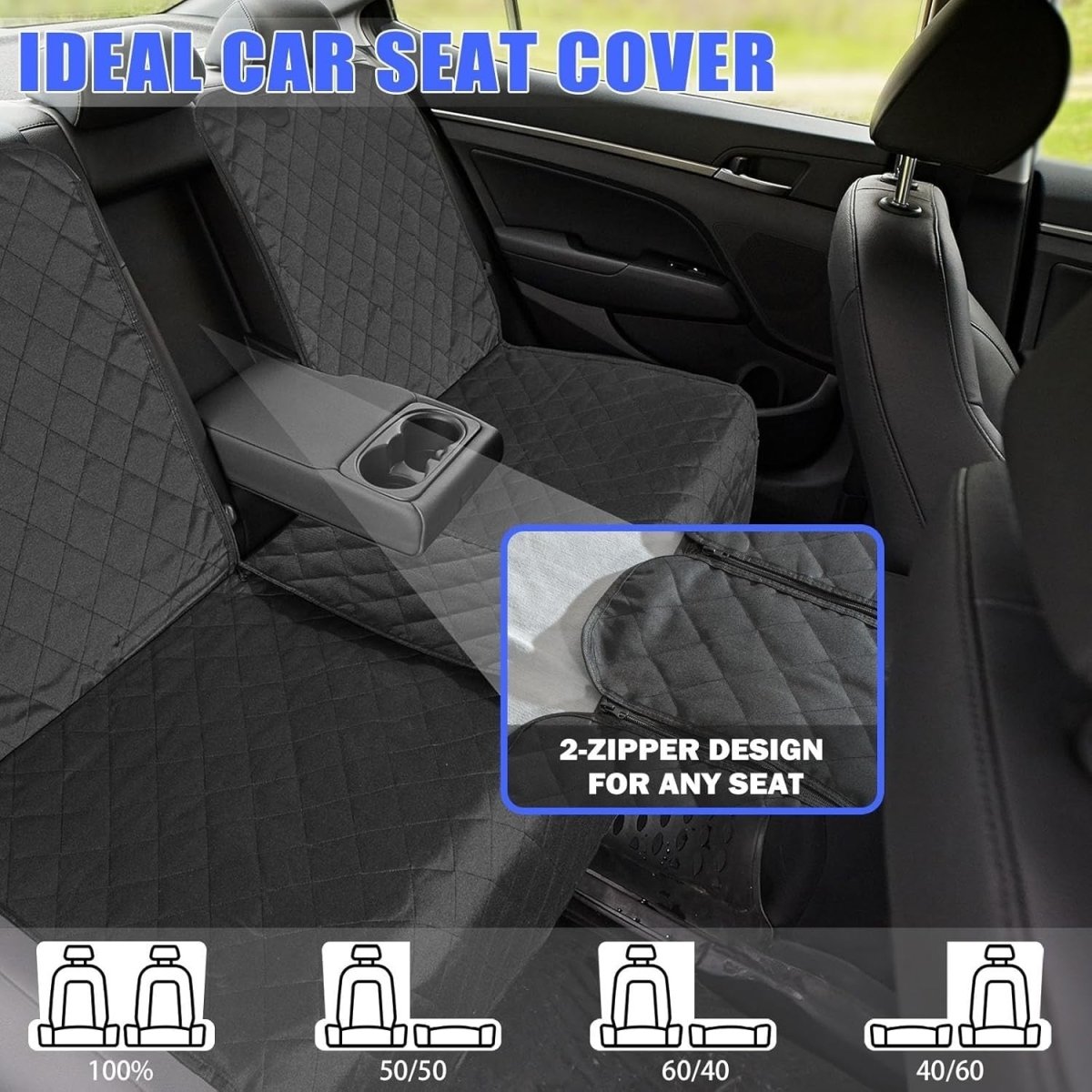 Waterproof Dog Car Seat Cover 60/40 Split Rear Bench Protector - Kwikley