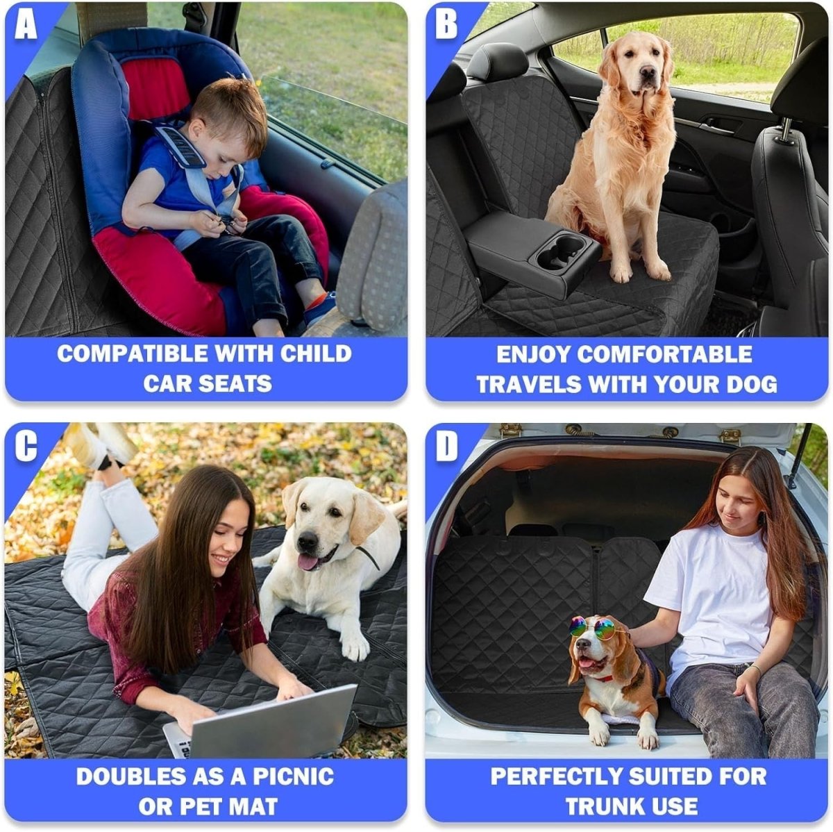 Waterproof Dog Car Seat Cover 60/40 Split Rear Bench Protector - Kwikley