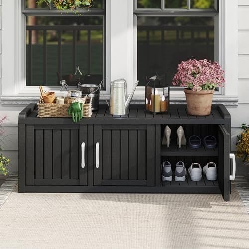 Waterproof Outdoor Shoe Storage Cabinet Bench 3 Door Resin Black - Kwikley