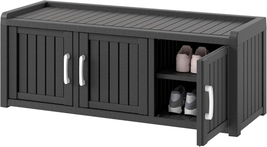 Waterproof Outdoor Shoe Storage Cabinet Bench 3 Door Resin Black - Kwikley