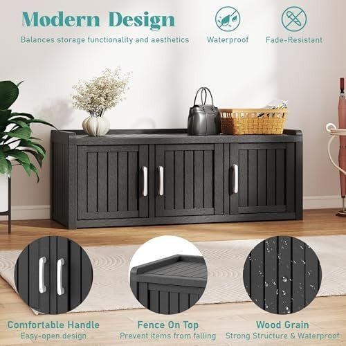 Waterproof Outdoor Shoe Storage Cabinet Bench 3 Door Resin Black - Kwikley