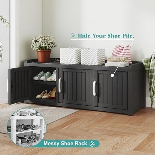 Waterproof Outdoor Shoe Storage Cabinet Bench 3 Door Resin Black - Kwikley