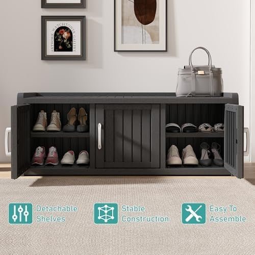 Waterproof Outdoor Shoe Storage Cabinet Bench 3 Door Resin Black - Kwikley