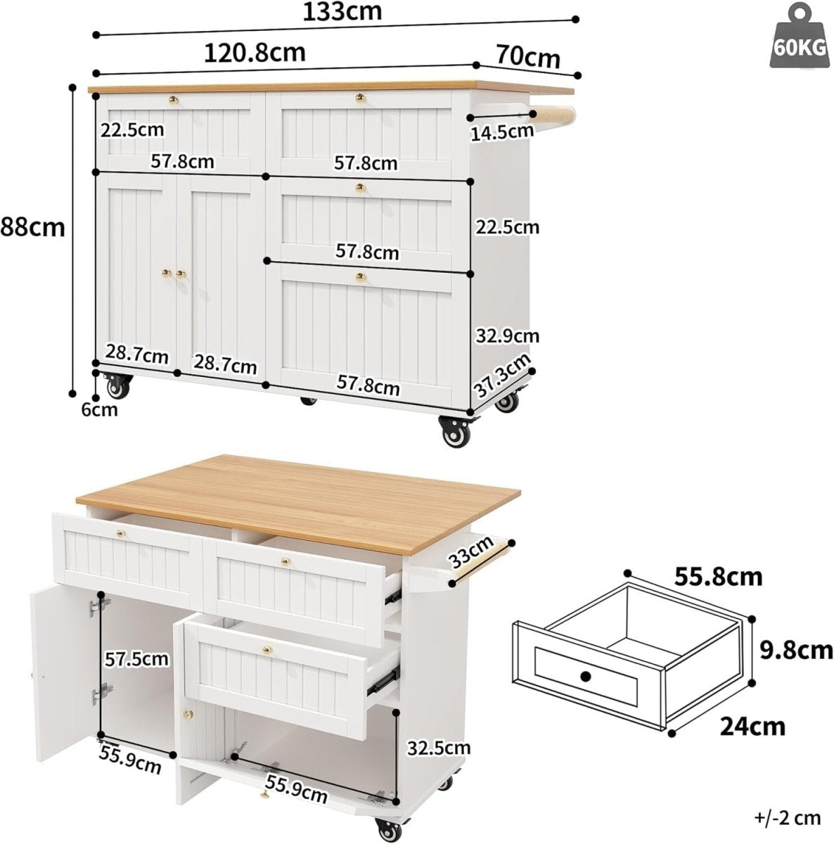 White 133cm Kitchen Island Cart Drop Leaf Table - Kwikley