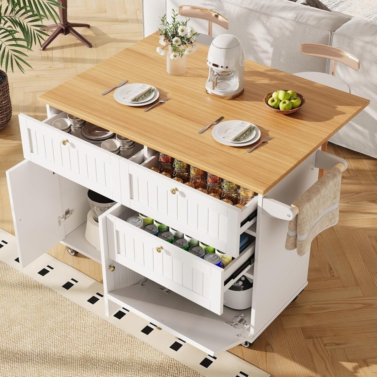 White 133cm Kitchen Island Cart Drop Leaf Table - Kwikley