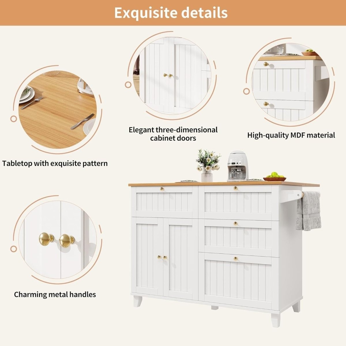 White 133cm Kitchen Island Cart Drop Leaf Table - Kwikley