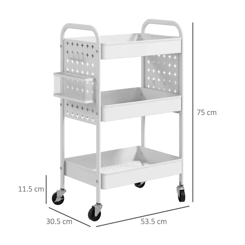 White 3 - Tier Rolling Utility Cart with Mesh Baskets & Hooks Storage Trolley - Kwikley