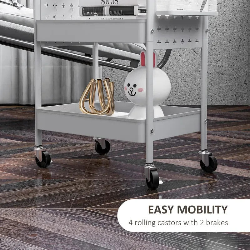 White 3 - Tier Rolling Utility Cart with Mesh Baskets & Hooks Storage Trolley - Kwikley