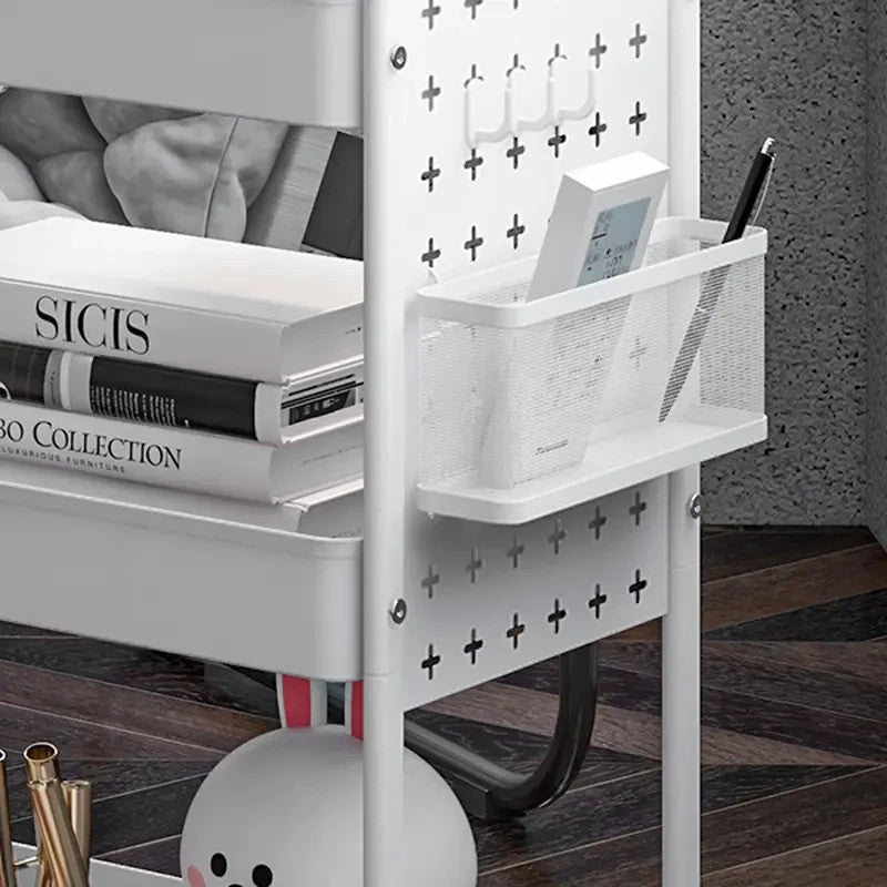 White 3 - Tier Rolling Utility Cart with Mesh Baskets & Hooks Storage Trolley - Kwikley