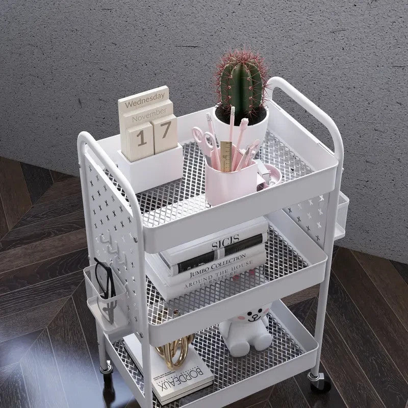 White 3 - Tier Rolling Utility Cart with Mesh Baskets & Hooks Storage Trolley - Kwikley