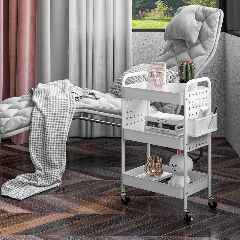 White 3 - Tier Rolling Utility Cart with Mesh Baskets & Hooks Storage Trolley - Kwikley
