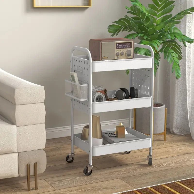 White 3 - Tier Rolling Utility Cart with Mesh Baskets & Hooks Storage Trolley - Kwikley