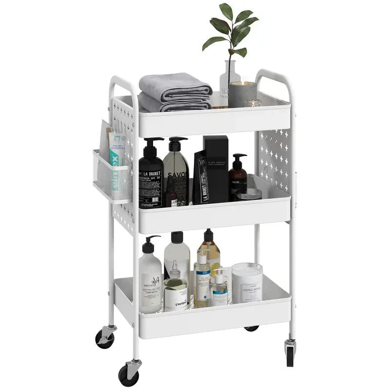 White 3 - Tier Rolling Utility Cart with Mesh Baskets & Hooks Storage Trolley - Kwikley