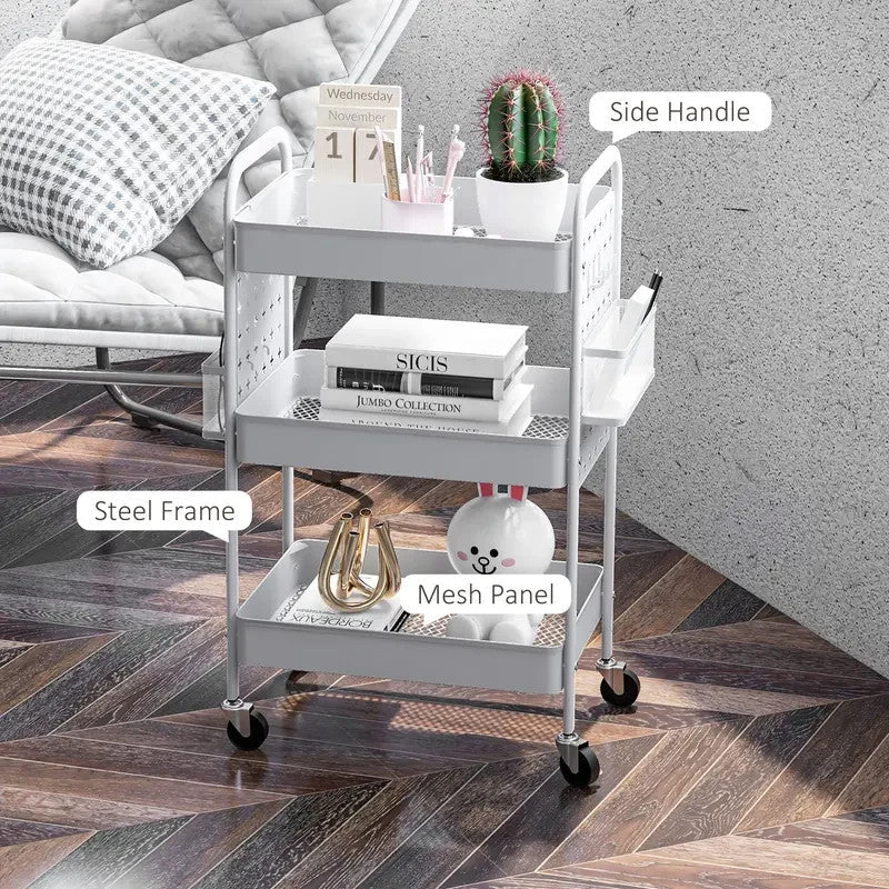 White 3 - Tier Rolling Utility Cart with Mesh Baskets & Hooks Storage Trolley - Kwikley