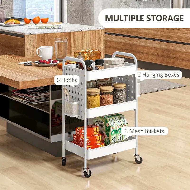 White 3 - Tier Rolling Utility Cart with Mesh Baskets & Hooks Storage Trolley - Kwikley