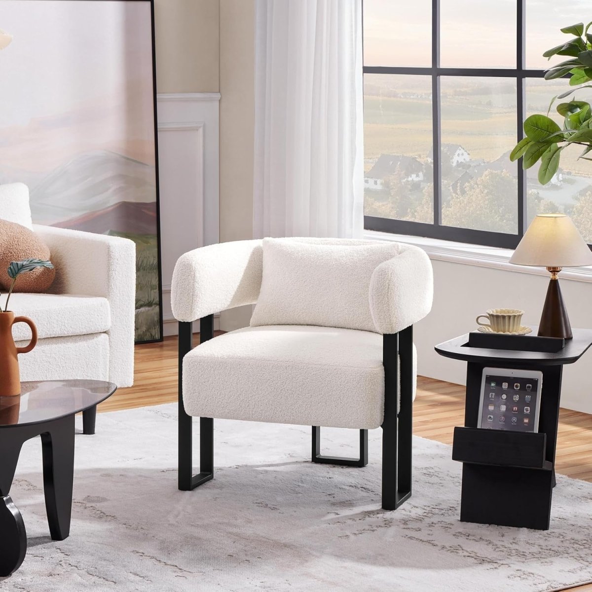 White Boucle Tub Accent Chair with Metal Legs & Lumbar Pillow - Kwikley