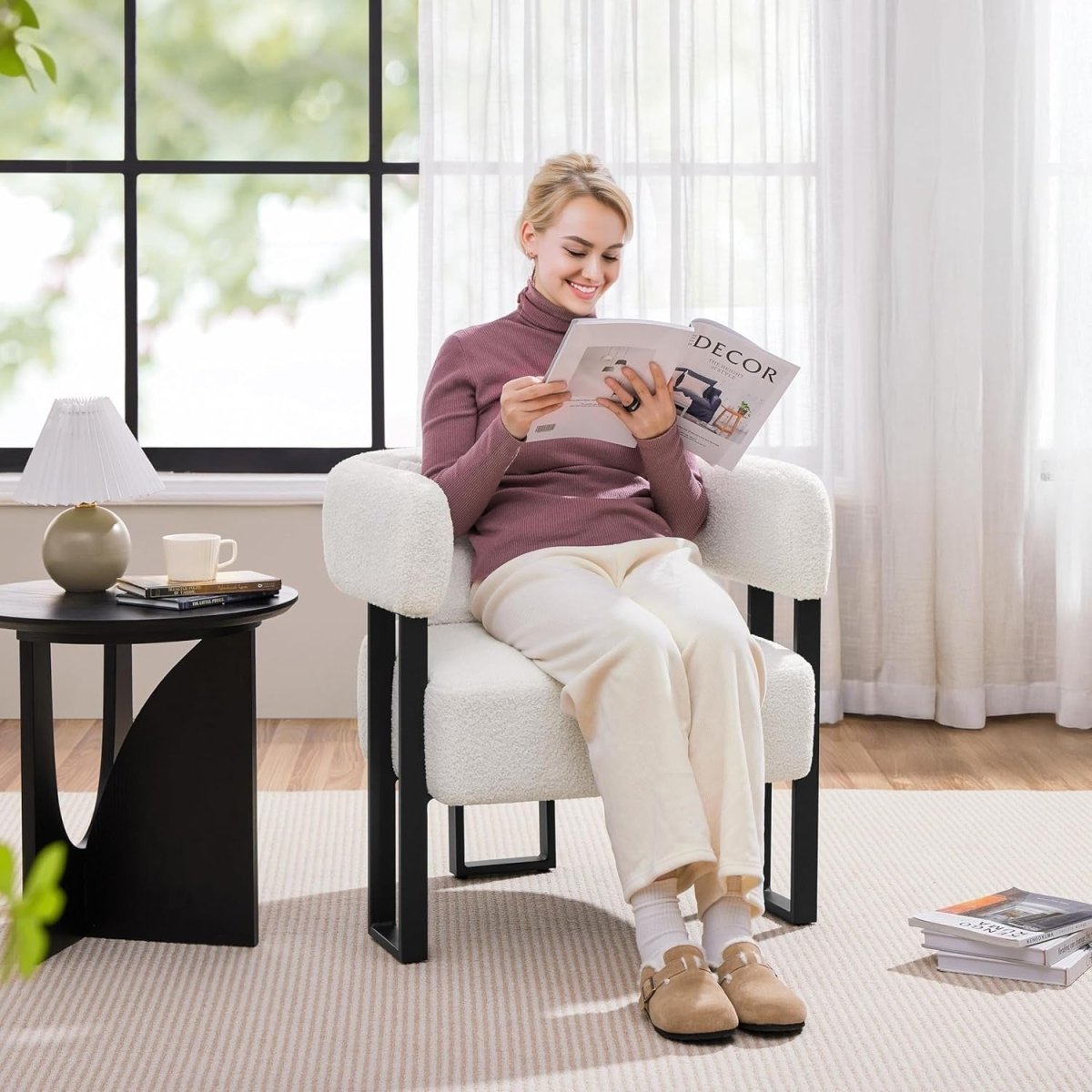 White Boucle Tub Accent Chair with Metal Legs & Lumbar Pillow - Kwikley