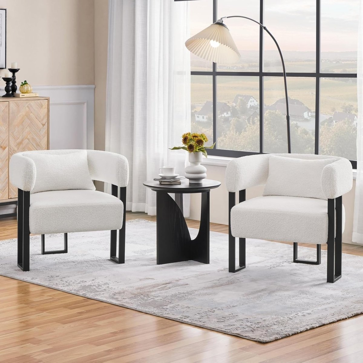 White Boucle Tub Accent Chair with Metal Legs & Lumbar Pillow - Kwikley