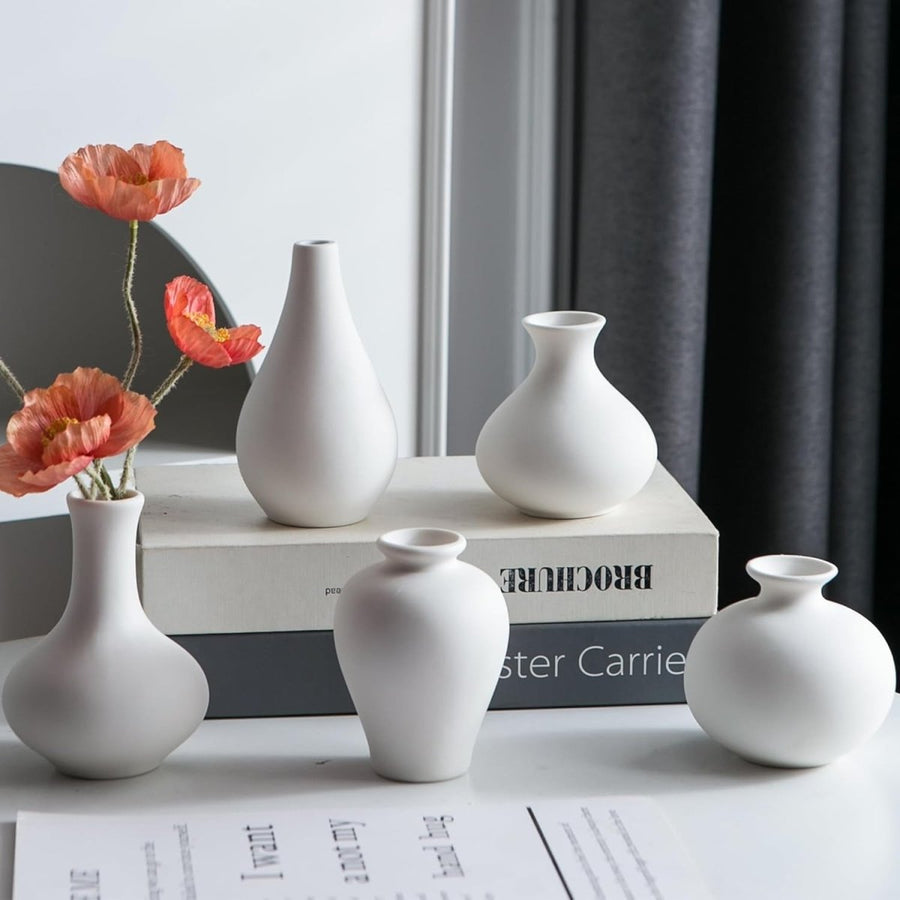 White Ceramic Bud Vase Set of 5 Mini Decorative Vases Modern Home Decor - Kwikley