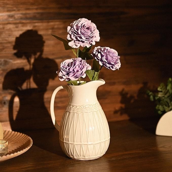 White Ceramic Pitcher Vase Farmhouse Jug Decor for Flowers Pampas 20cm - Kwikley