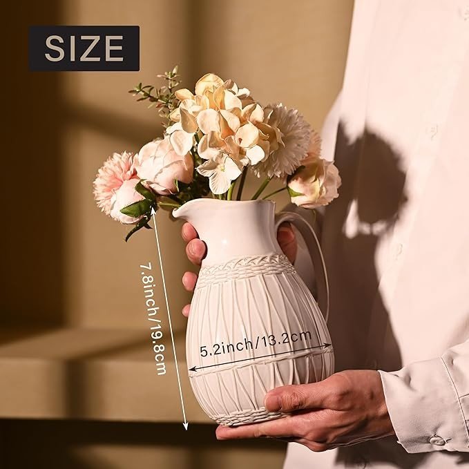 White Ceramic Pitcher Vase Farmhouse Jug Decor for Flowers Pampas 20cm - Kwikley