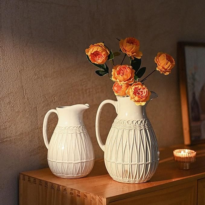 White Ceramic Pitcher Vase Farmhouse Jug Decor for Flowers Pampas 20cm - Kwikley