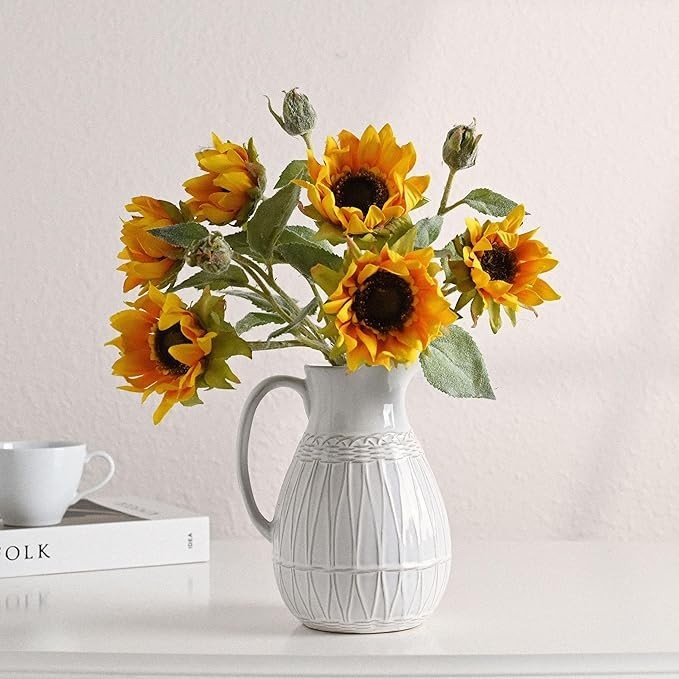 White Ceramic Pitcher Vase Farmhouse Jug Decor for Flowers Pampas 20cm - Kwikley