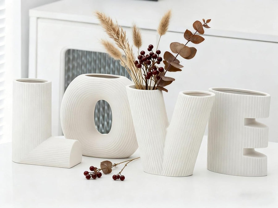 White Ceramic Vase Set of 3 Modern Home Decor Sculptural Table Ornaments - Kwikley