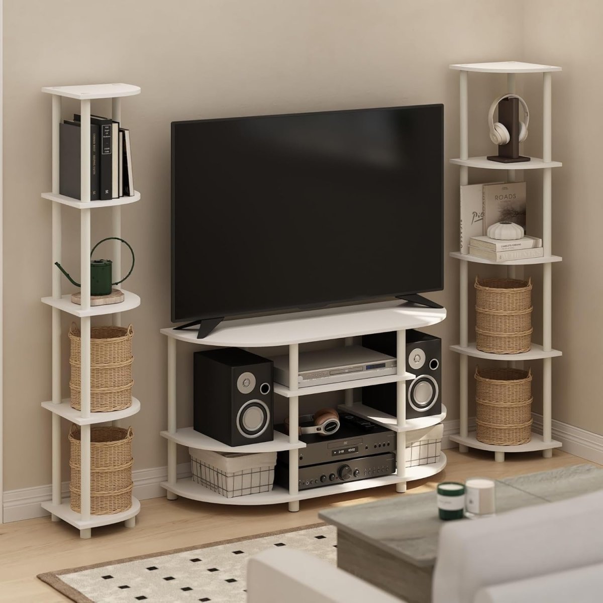 White Corner TV Stand for 55" Screen | Wood Shelf Unit Media Console - Kwikley
