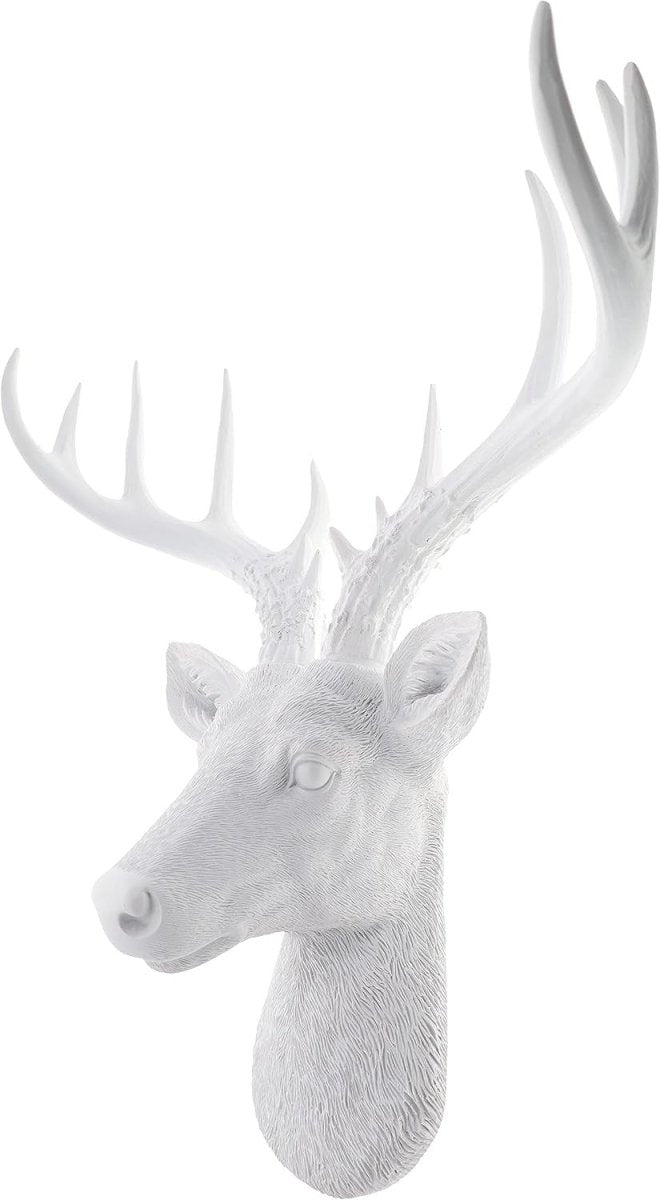 White Deer Head Wall Decor 12.5in Faux Antlers Sculpture - Kwikley