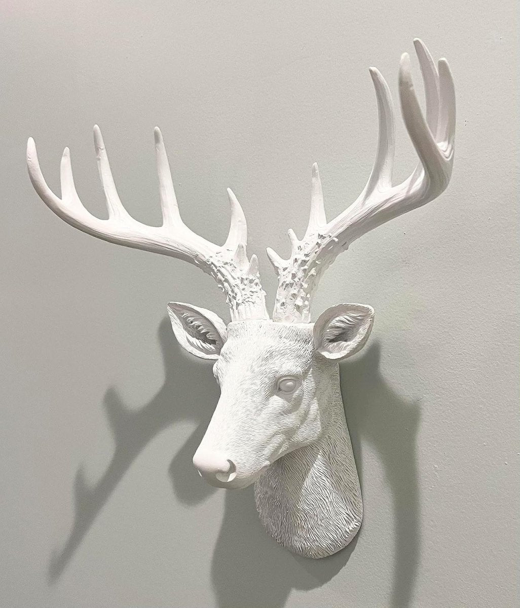 White Deer Head Wall Decor 12.5in Faux Antlers Sculpture - Kwikley