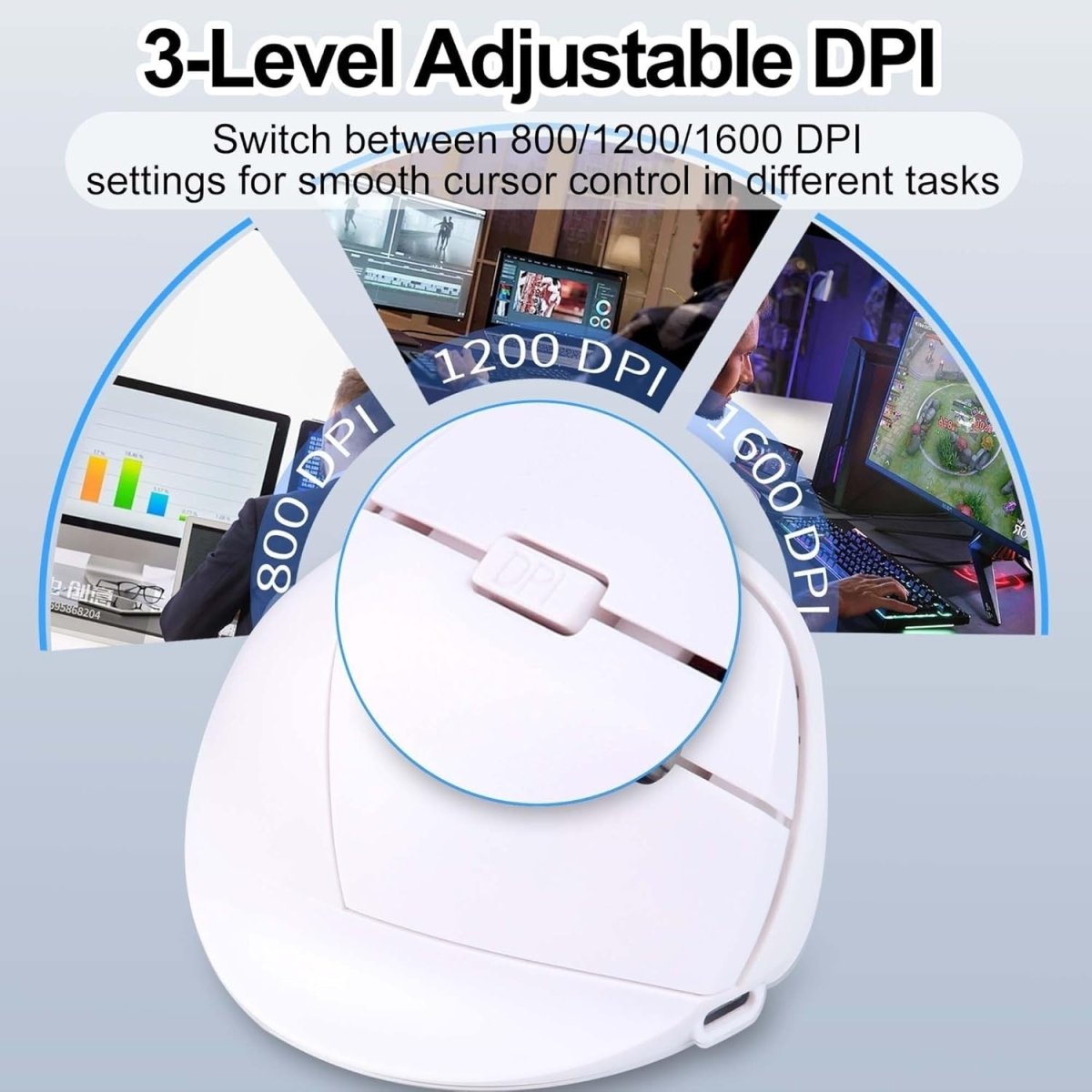 White Ergonomic Vertical Mouse Bluetooth Wireless Silent 7 Button USB - Kwikley