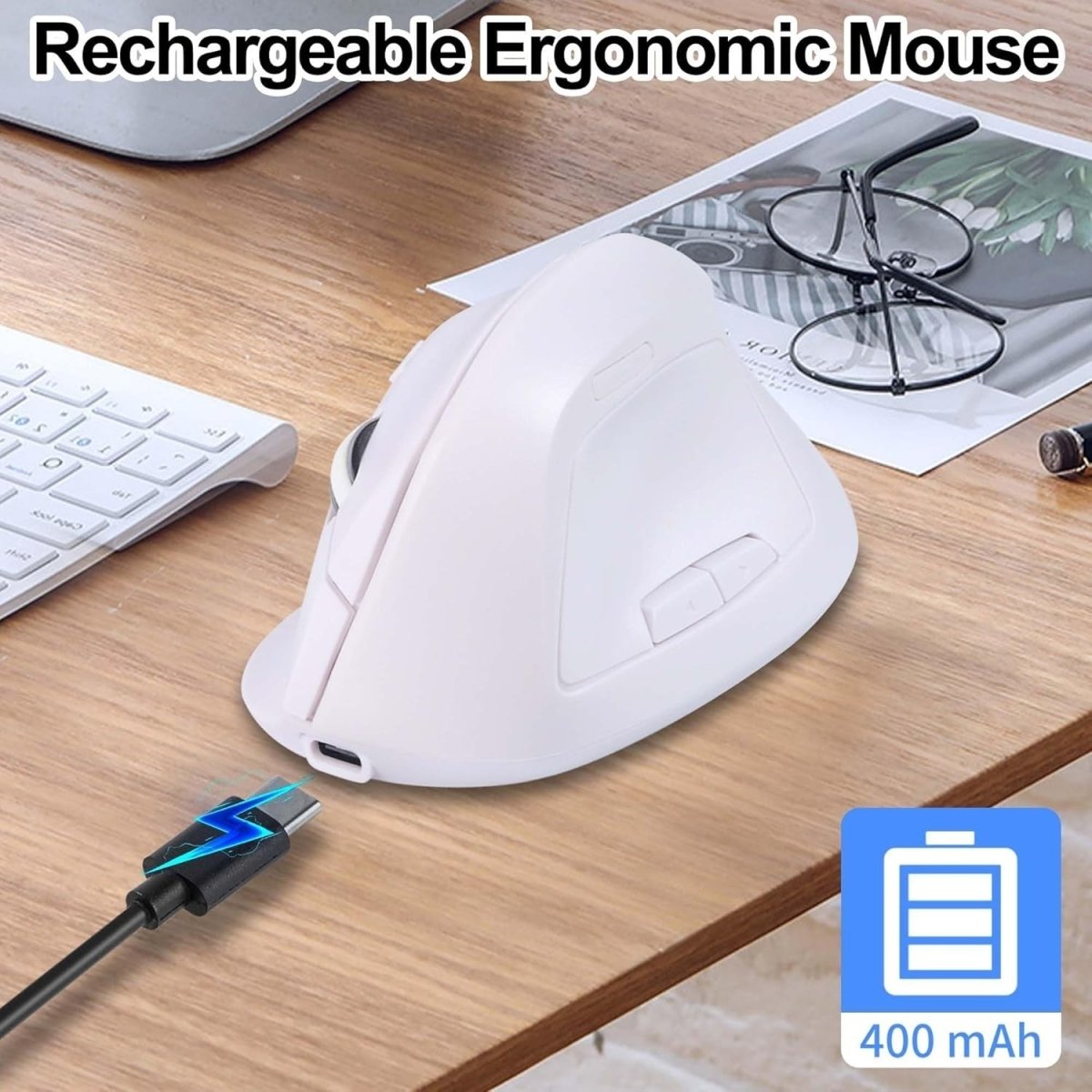 White Ergonomic Vertical Mouse Bluetooth Wireless Silent 7 Button USB - Kwikley