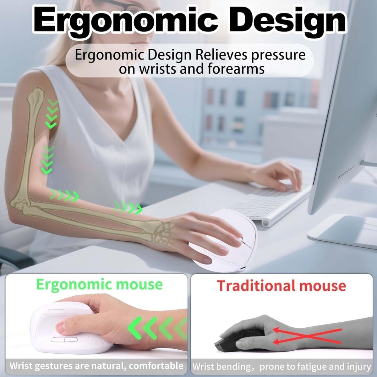 White Ergonomic Vertical Mouse Bluetooth Wireless Silent 7 Button USB - Kwikley