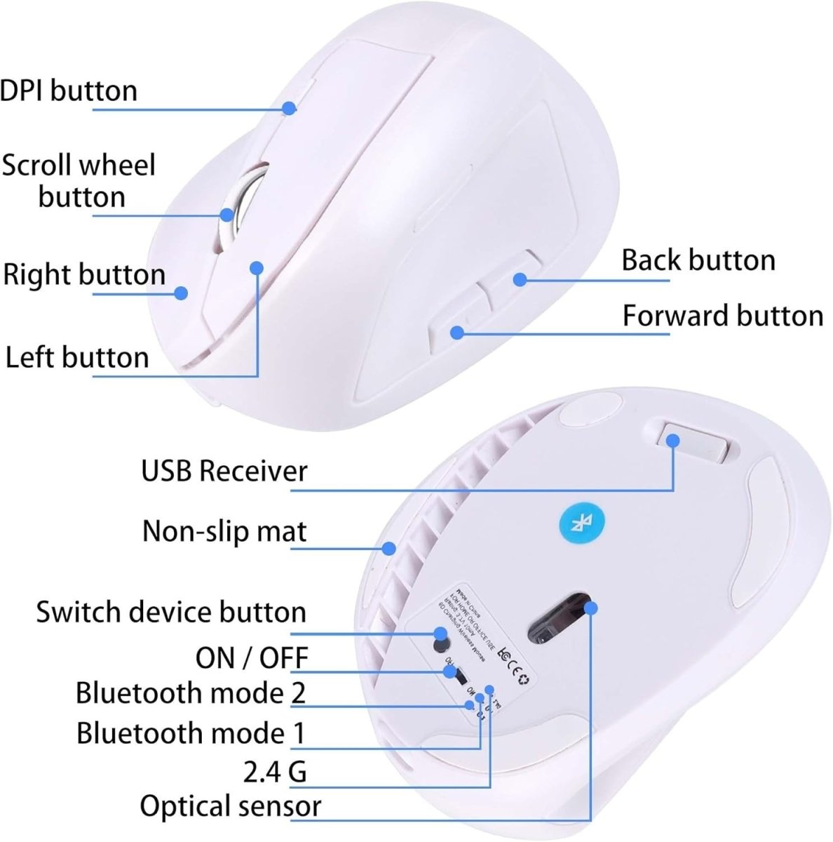 White Ergonomic Vertical Mouse Bluetooth Wireless Silent 7 Button USB - Kwikley