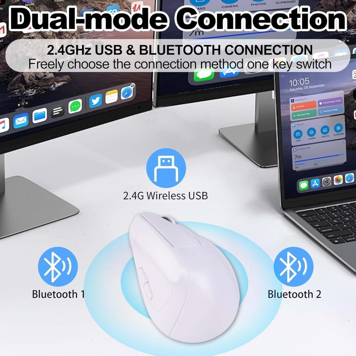 White Ergonomic Vertical Mouse Bluetooth Wireless Silent 7 Button USB - Kwikley
