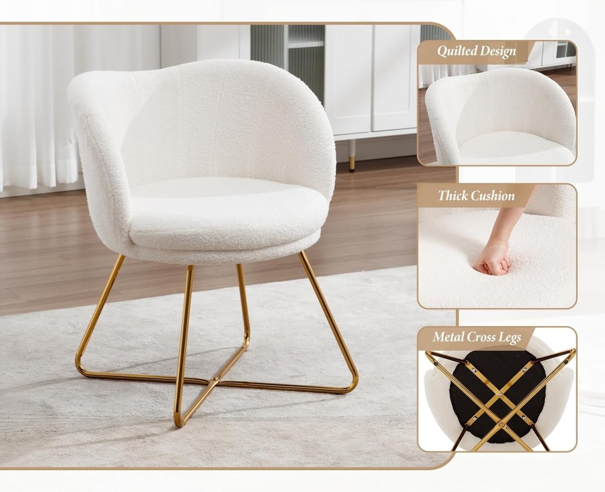 White Faux Fur Accent Chair Gold Metal Legs Tub Armchair - Kwikley