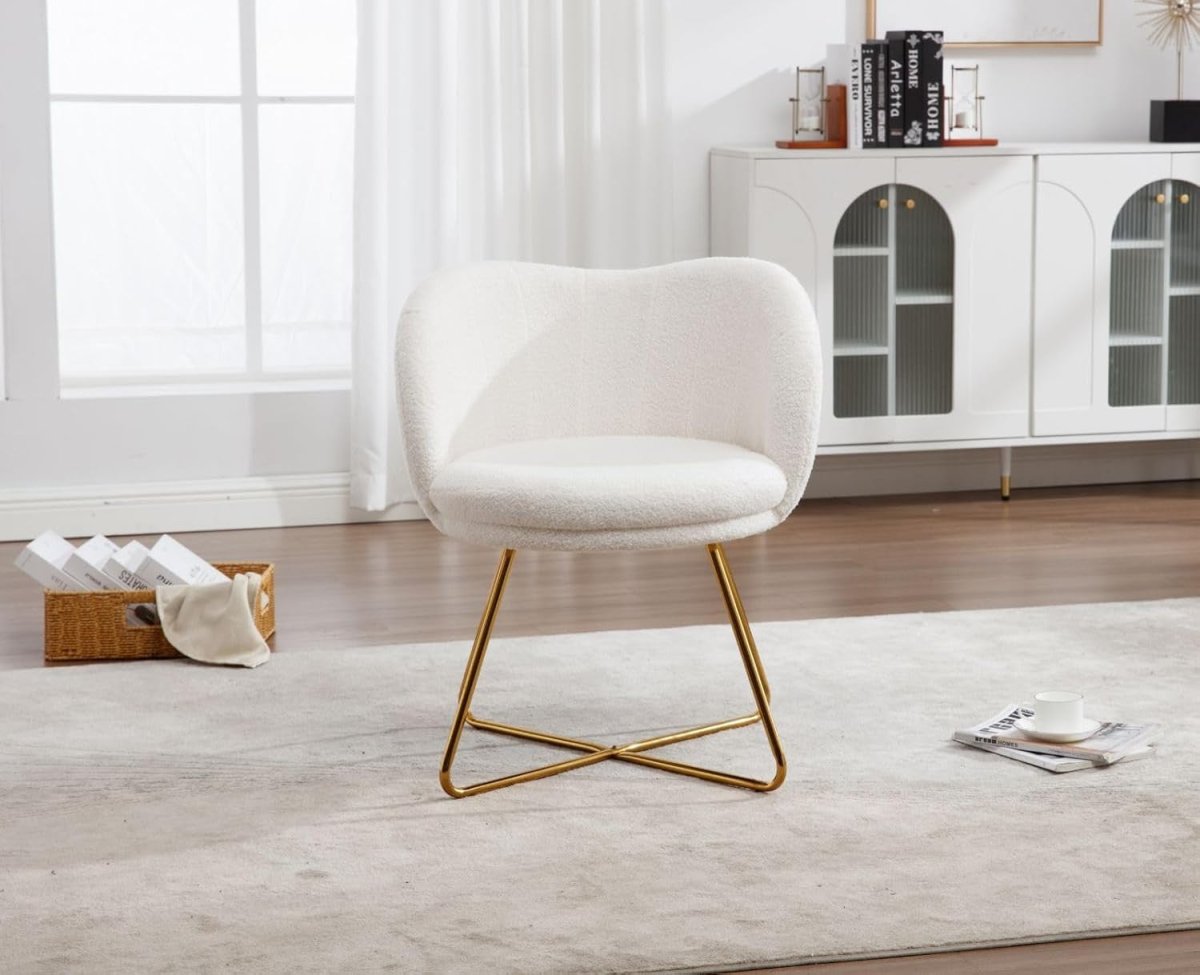 White Faux Fur Accent Chair Gold Metal Legs Tub Armchair - Kwikley