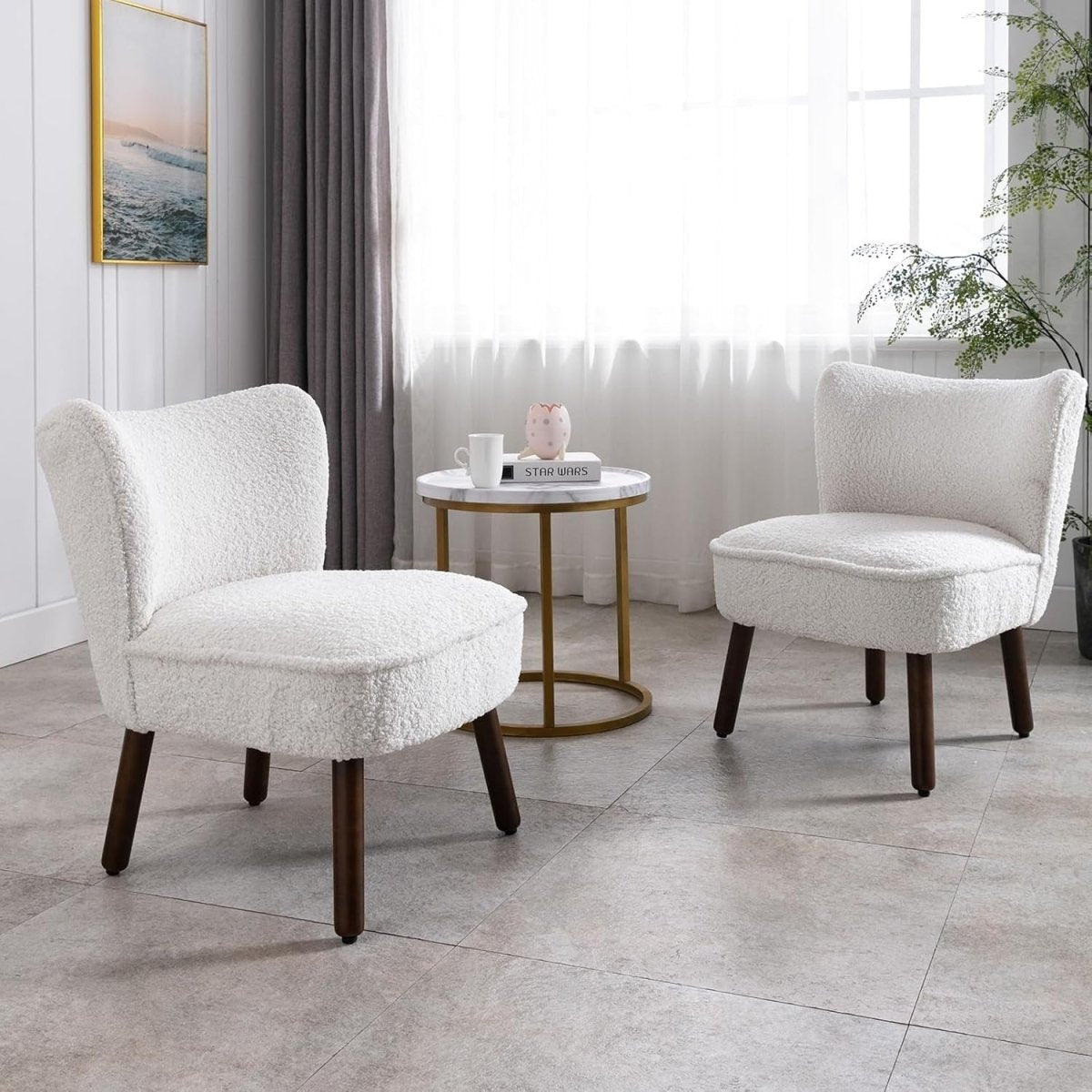 White Faux Fur Accent Chair Lounge Armchair Wooden Legs - Kwikley