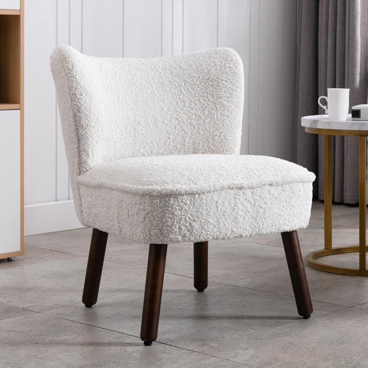 White Faux Fur Accent Chair Lounge Armchair Wooden Legs - Kwikley